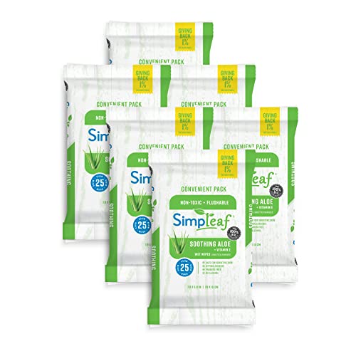 Simpleaf Brands Flushable Wet Wipes | Eco- Friendly, Paraben & Alcohol Free | Hypoallergenic & Safe for Sensitive Skin | Soothing Aloe Vera & Vitamin E Formula | (25-Count) 6 Pack