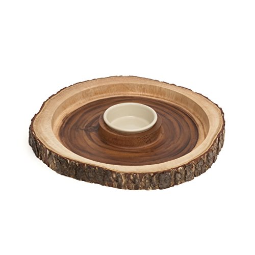 Lipper International 1023 Acacia Bark Round Dipping Platter with Ceramic Bowl