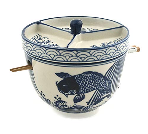 FMC Fuji Merchandise Mira Design Japanese Design Quality Ceramic Ramen Udong Soba Tempura Noodle Bowl with Chopsticks and Condiment Lid 6 Inch Diameter (Koi Fish)