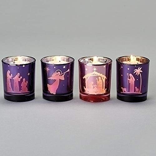 Roman Nativity Scene Purple and Pink Advent Votive Candle Holders, 3 1/4 Inch, 4 Piece Set