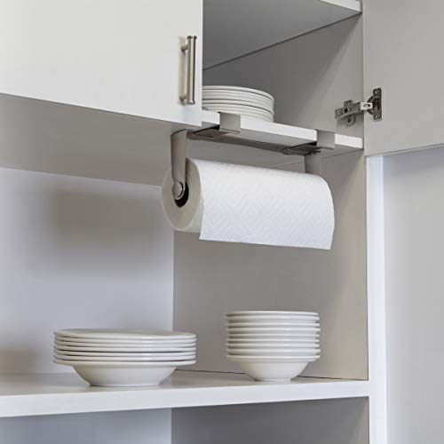 Umbra Mountie Cabinet-Mount Paper Towel Holder  Modern, Versatile Nickel Plated Kitchen Paper Towel - Offers Three Easy Mounting Options - Allows One Handed Tear - Prevents Rolls From Unraveling