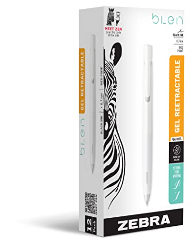 Zebra Pen bLen Retractable Ballpoint Gel Pen, White Barrel, Medium Point, 0.7mm, Black Ink, 12-Pack (41400)