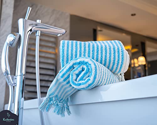 Kalkedon Towels Striped Hand and Bath Towels for Bathroom | Set of 2 Hand Towels | Organic Turkish Cotton | Large Soft Plush Fluffy Absorbent Ribbed Bath Towels (Hand Towel Set, Turqoise)