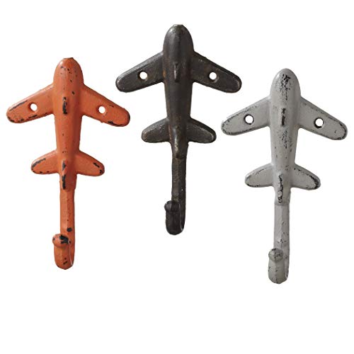 Ganz Orange Brown and White Airplanes Single Wall Hooks Cast Iron Set of 3