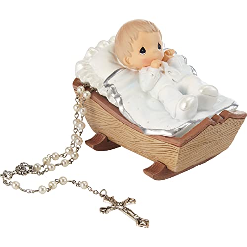 Precious Moments Baby in Cradle Baptism Rosary Box with White Rosary - Boy