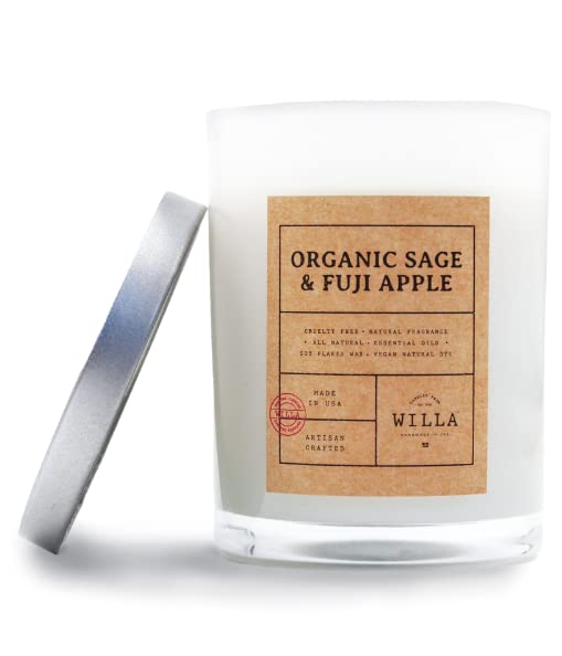 Willa Organic Sage & Fiji Apple Highly Scented Candle - All Natural Soy Wax Candles Artisan Made in The USA with Essential Oils - Best for a Home / Aromatherapy / Gift / Spa / Bathroom 9oz Jar Candle