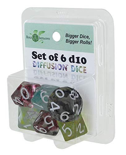 Role 4 Initiative Set of 6 Extra Large high-Visibility 10-Sided (d10) dice in Assorted Diffusion Colors