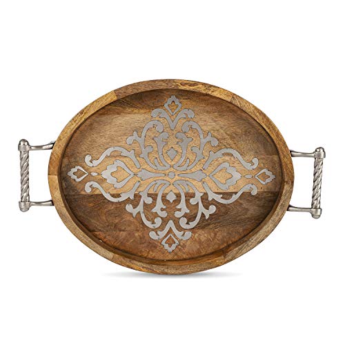 Gerson GG Collection, Mango Wood with Metal Inlay, Medium Oval Tray with Handles