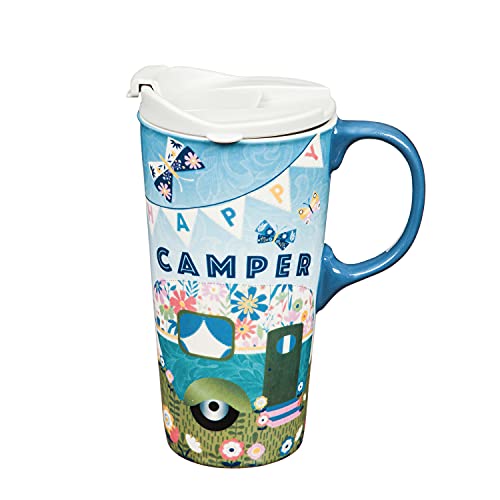Evergreen Cypress Home Ceramic Travel Cup, 17 OZ. ,w/box, Happy Camper