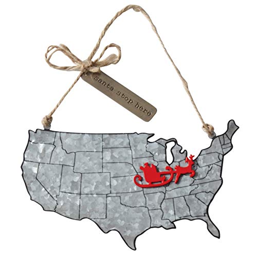 Mud Pie Santa Stop Here Galvanized Tin Map Ornament with Magnet, 3 3/4"