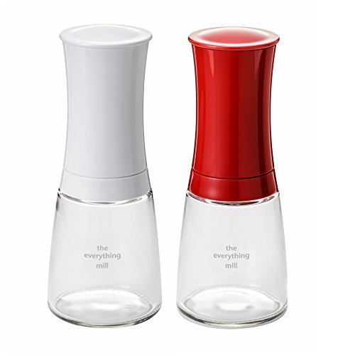 Kyocera 2-Piece Pepper, Salt, Seed and Spice Everything Mill Set with Adjustable Advanced Ceramic Grinder, Brilliant White/Candy Apple Red