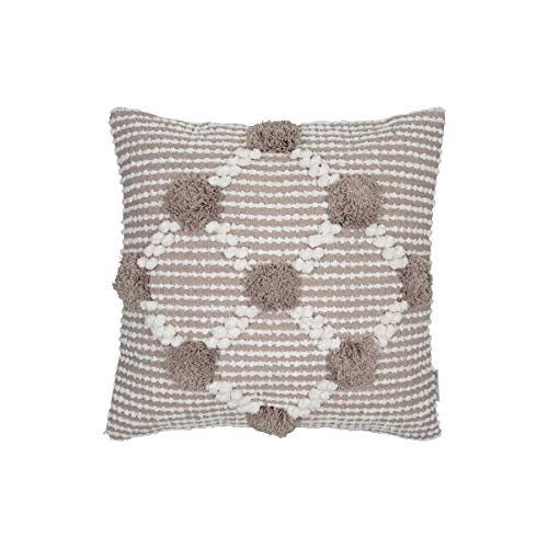 Foreside Home & Garden Taupe Hand Woven 20 x 20 inch Decorative Cotton Throw Pillow Cover with Insert, Hand Embroidered Details and Hand Tied Pom Poms