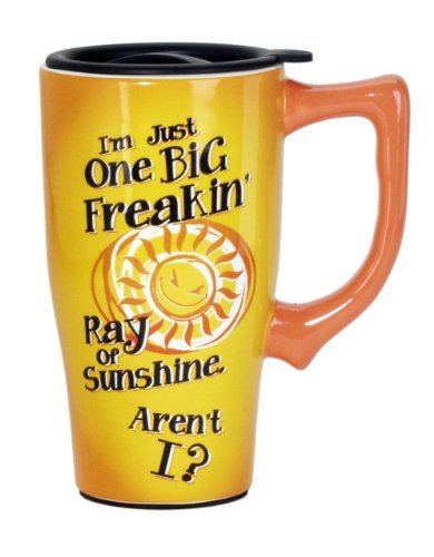 Spoontiques 12867 Big Ray of Sunshine Ceramic Travel Mug, 18 ounces, Yellow