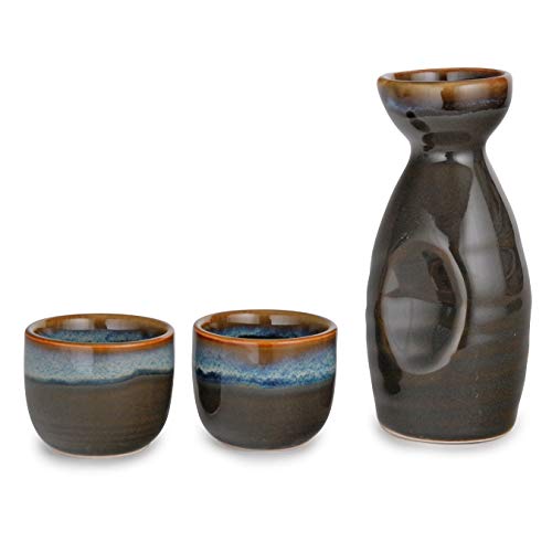 FMC Fuji Merchandise Kagetsu Sake Set 5 fl oz Tokkuri Bottle with Two 1.5 fl oz Sake Ochoko Cups Reactive Glaze Porcelain (Green Cap)
