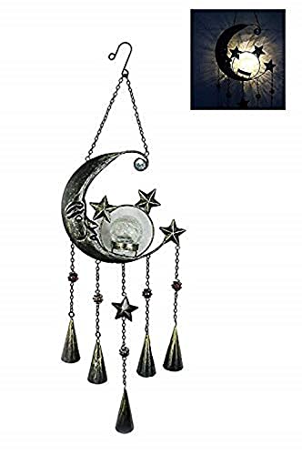 Comfy Hour Sun Moon Face Engraved Collection Metal Art Decorative Moon-Face Star Solar Light Windchime Hanging Wind Chime Windbell 29"