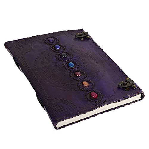 TUZECH Seven Chakra Medieval Stone Embossed Handmade Jumbo Leather Journal Book of Shadows Notebook Office Diary College Poetry Sketch (Purple, 13 Inches)