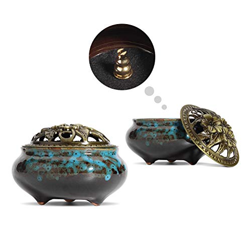 ComSaf Ceramic Incense Burner with Brass lid Set of 2, Stick Cone Coil Holder Ash Catcher Ideal Gift for Home Decor Yoga Spa Meditation
