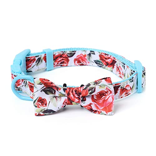 Mile High Life | Spring Floral Collection | Soft Poly Cotton Fabric | Girl Dog Collars | Bowtie Collar (Red Rose, Collar: X-Small Neck 9"-13" -20 Ib)