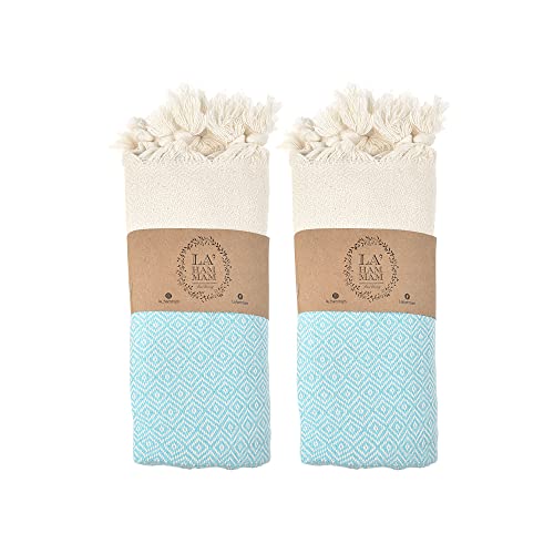 La Hammam Turkish Hand Towels Set of 2, 18"x36", Cotton, Ultra Soft, Absorbent & Quick Dry, Decorative Hand Towel for Bathroom, Kitchen, Hair, Dishcloth, Tea, Yoga, Face, Gym & Spa Diamond Turquoise
