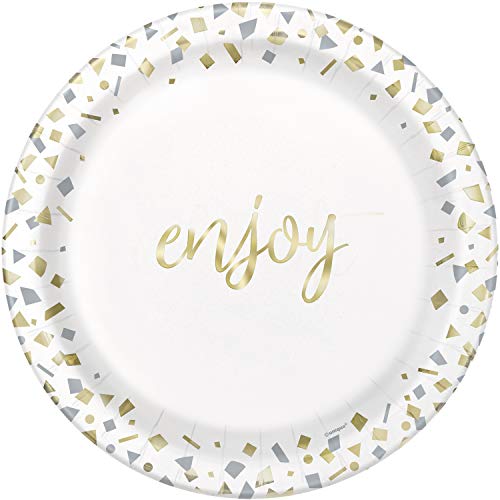 Unique Industries "Enjoy" Gold Foil Confetti Round Dessert Paper Plates (10 Pcs) - 1 Pack