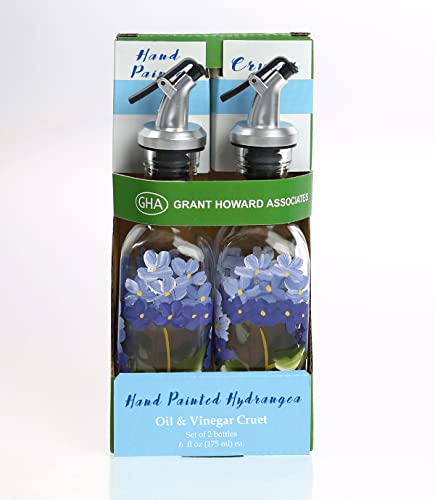 Grant Howard Hand Painted Mini Oil and Vinegar Glass Cruet with Pourer, 2 Set, Blue Hydrangea, 6 oz
