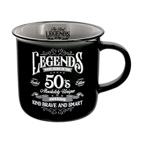 Pavilion Gift Company - Legends Were Born In The 50s - Ceramic 13-ounce Campfire Mug, Double Sided Coffee Cup, Funny Birthday Gift For Women or Men, 1 Count, 3.75 x 5 x 3.5-Inches, Black/Gray
