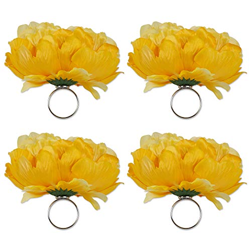 DII Design Beautiful Peony Flower Napkin Rings Yellow, 4 Piece