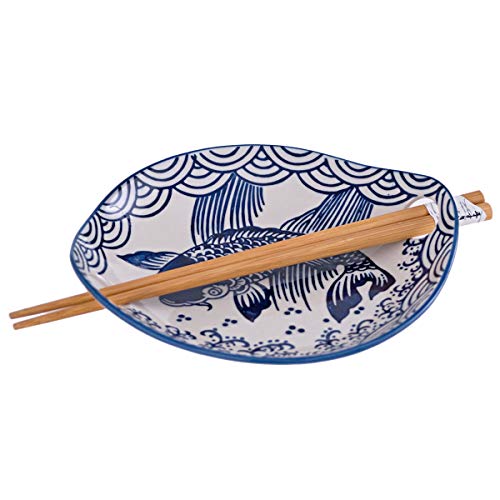 FMC Fuji Merchandise Mira Design Japanese Design Quality Ceramic Stoneware Sushi Serving Plate with Chopsticks (Koi Fish)
