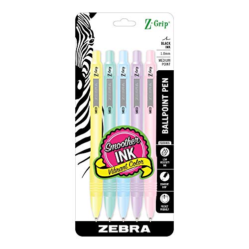 Zebra Pen Z-Grip Pastel Retractable Ballpoint Pen, Assorted Color Barrel, Medium Point, 1.0mm, Black Ink, 5-Pack