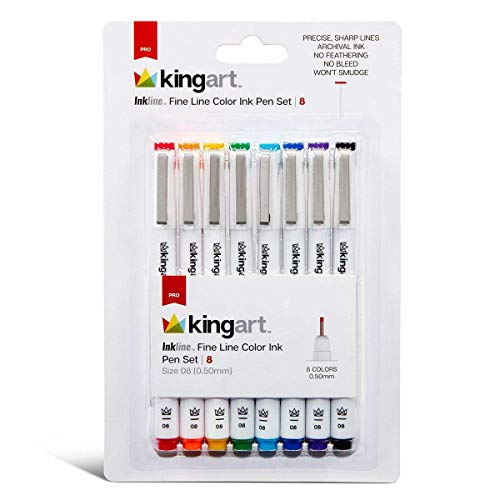 KINGART Inkline, Set of 8 Unique, Size 08 Fine Line Color Ink Pens, Assorted 8 Piece (432-8)