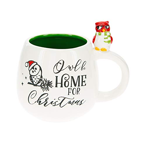 Pavilion Gift Company Owl Be Home For Christmas & Bird 15.5 Oz Unique Shaped Large Coffee Cup Mug For The Holidays Or Winter, White