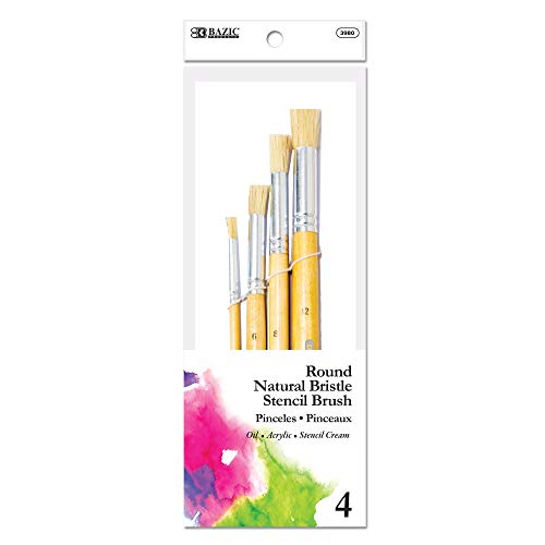 BAZIC Round Natural Bristle Stencil Brush Set, Great for Acrylic Oil Watercolor Gouache Body Painting Skin Art (4/Pack), 1-Pack