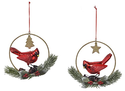 Ganz MX183325 Cardinal in Wire Hoop with Holly Ornaments, Set of 2