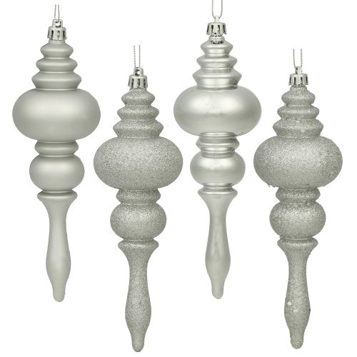 Vickerman 7" 4-Finish Finial Ornament, Shatterproof Plastic Christmas Tree Decoration, 8 Pack, Silver Shiny, Matte, Glitter and Sequin Finishes