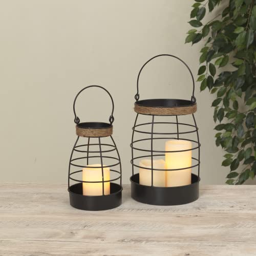 Gerson International Metal Decorative Candle Lanterns with Rope Accent, Set of 2, 11.25 Inch Height