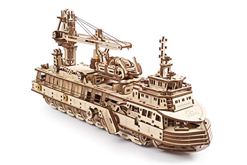 Ukidz UGEARS 3D Puzzles Research Vessel - DIY Model Ship 3D - Exclusive Wooden Model Kits for Adults to Build - Unique and Creative Wooden Mechanical Models - Self Assembly Woodcraft Construction Kits