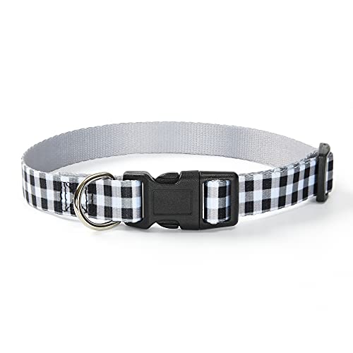 Mile High Life | Geometric Plaid Wave Line Pattern | Soft Poly Cotton Fabric | Black Buckle Dog Collar with D Ring| We Donate to Dog Rescues(Black/White, Large)