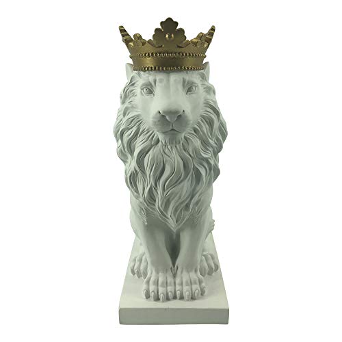Comfy Hour Farmhouse Home Decor Collection 15" Resin Stone Lion Figurine King of Forest Statue Sculpture Home Decoration, White & Gold