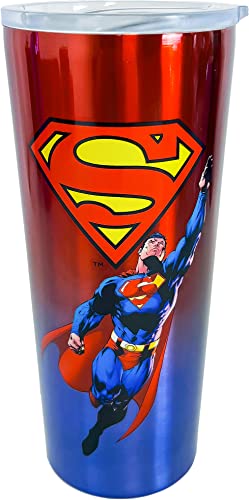 Spoontiques - Superman Stainless Travel Mug - Insulated Travel Mugs - Stainless Steel Drink Cup‚ÄØwith Travel Lid and Sliding Lock - Holds Hot and Cold Beverages