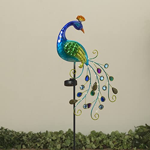 Gerson International Peacock Yard Stake, Metal, 35.5-inch Height, Solar Lighted