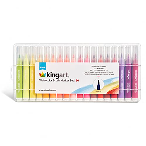 KINGART Soft Tip Set with Case Watercolor Brush Marker, Assorted 36 Piece (405-36)