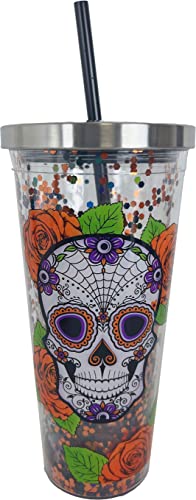 Spoontiques - Glitter Filled Acrylic Tumbler - Glitter Cup with Straw - 20 oz‚ÄØ- Stainless Steel Locking Lid with Straw - Double Wall Insulated - BPA Free - Sugar Skull Drinking Cup