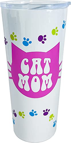 Spoontiques - Cat Mom Stainless Travel Mug - Insulated Travel Mugs - Stainless Steel Drink Cup‚ÄØwith Travel Lid and Sliding Lock - Holds Hot and Cold Beverages