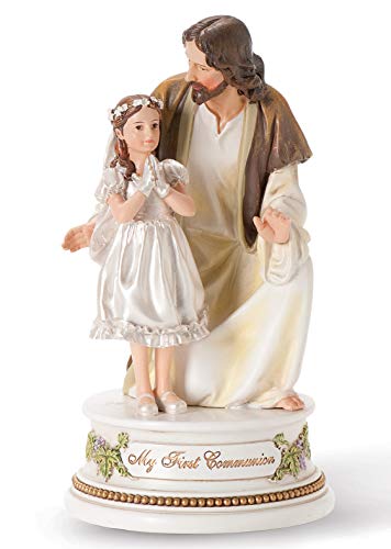 Roman My First Communion Young Girl with Jesus 7 Inch Resin Stone Musical Figurine Plays The Lord&