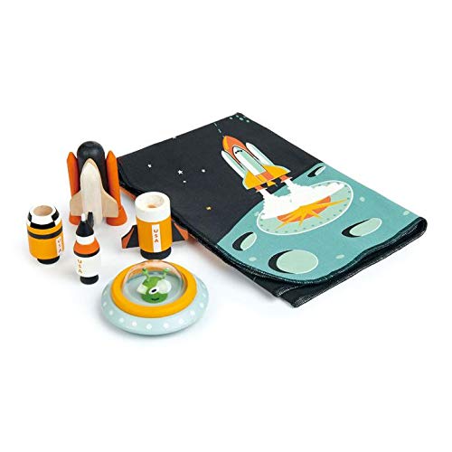 Tender Leaf Toys - Space Adventure - 7 Pieces Wooden Rocket and Outer Space Themed Playmat Set for Age 3+