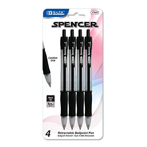 BAZIC Spencer Black Retractable Pen w/ Cushion Grip (4/Pack)