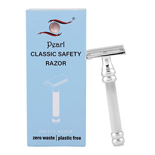 Pearl Shaving Double Edge Butterfly Safety Razor made with Brass metal- Double Edge Safety Razor | Heavy Duty Handle | 5 Premium Platinum Stainless Steel double edge Razor Blades |Close & Clean Shaving Razor for Men (SBF-11 (Chrome))