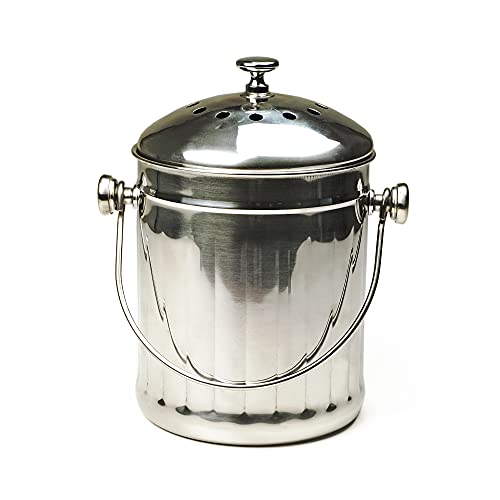 RSVP International Endurance (PAIL-SM) Stainless Steel Compost Pail with Charcoal Filters, 1/2 Gallon | Keep Food Scraps & Organic Waste for Soil | 2 Charcoal Filters for Odor Control | Dishwasher Safe