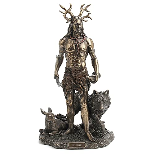 Unicorn Studio Resin Statues Herne The Spirit Hunter Of Windsor Forest Standing With Deer And Wolf 6 X 11.5 X 6 Inches Bronze
