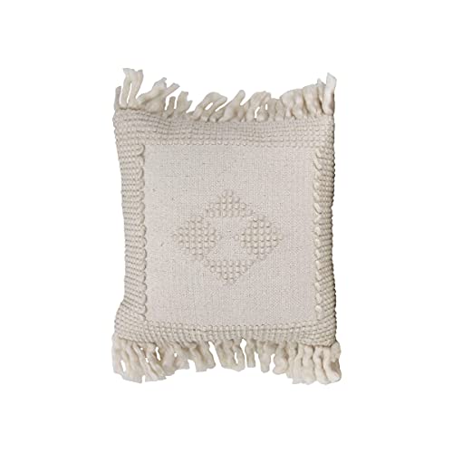 Foreside Home & Garden White Woven 18x18 Cotton and Acrylic Decorative Throw Pillow with Hand Tied Fringe, 18 x 18 x 5